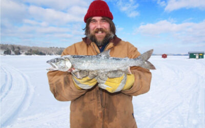 A fishing reel is a cylindrical device attached to a fishing